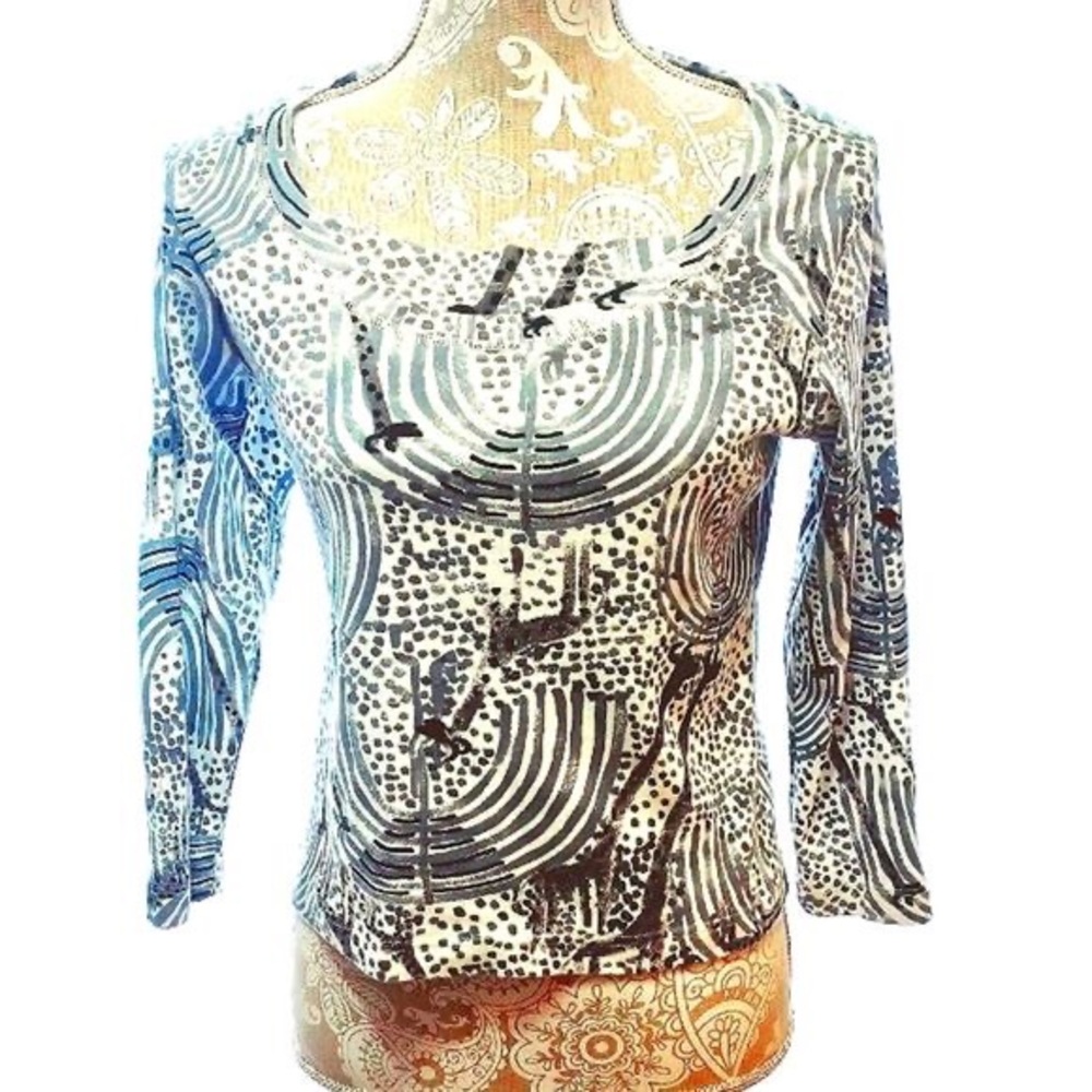Chico's Blue and Black Patterned Long Sleeve Top